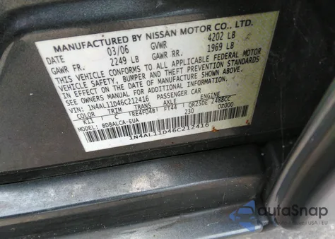 2006 Nissan Altima 2.5 S z USA, uszkodzony, nr VIN 1N4AL11D46C212416